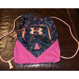 Under Armour Drawstring Backpack Sackpack Teal Pink Front Zip Pocket